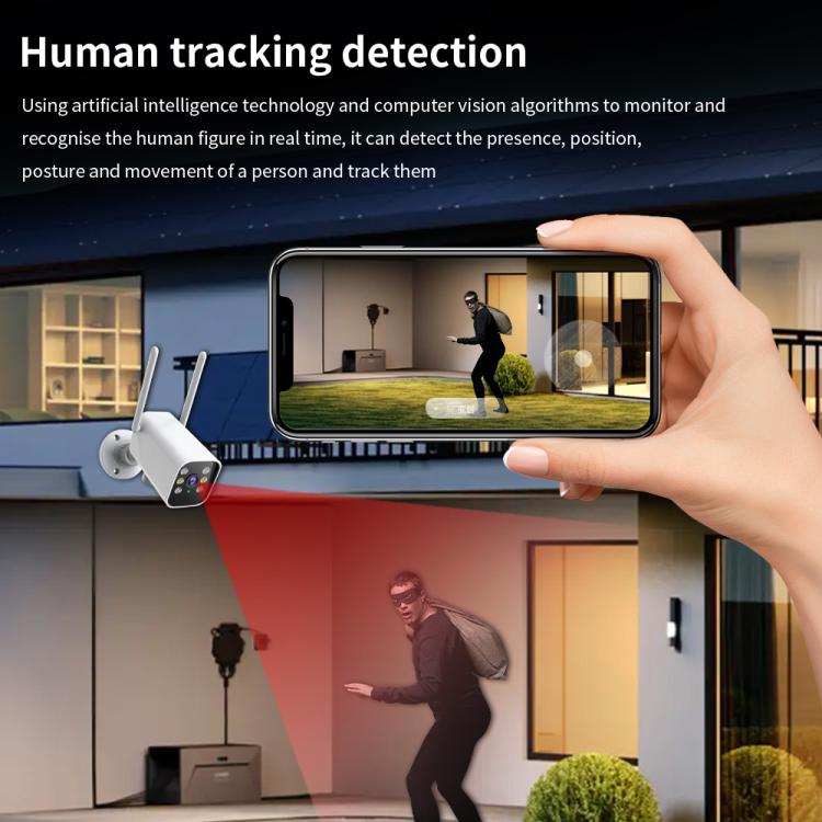Outdoor PTZ security camera tracking a person on a smartphone view, white housing