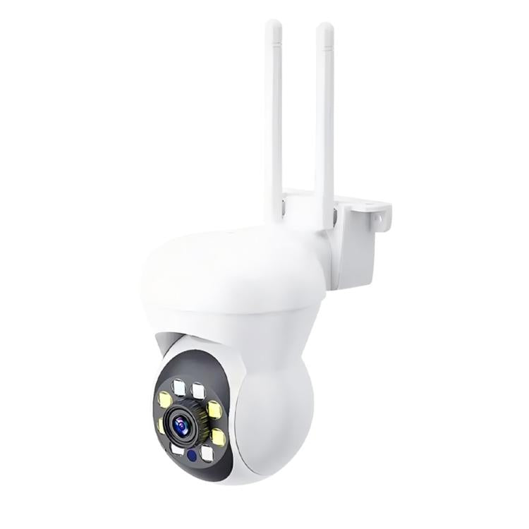 White dome-style security camera with two antennas, side view