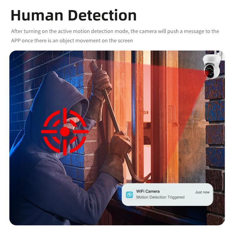 White security camera with human motion detection alert icon