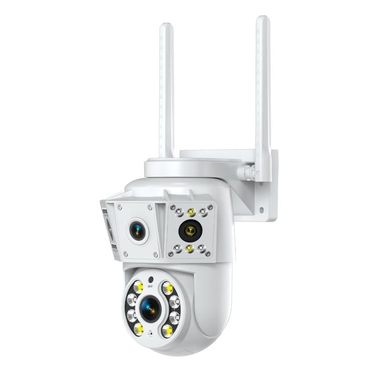 White PTZ security camera with two antennas and dual lens array.