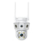 White dual-lens surveillance camera with two antennas, front view.