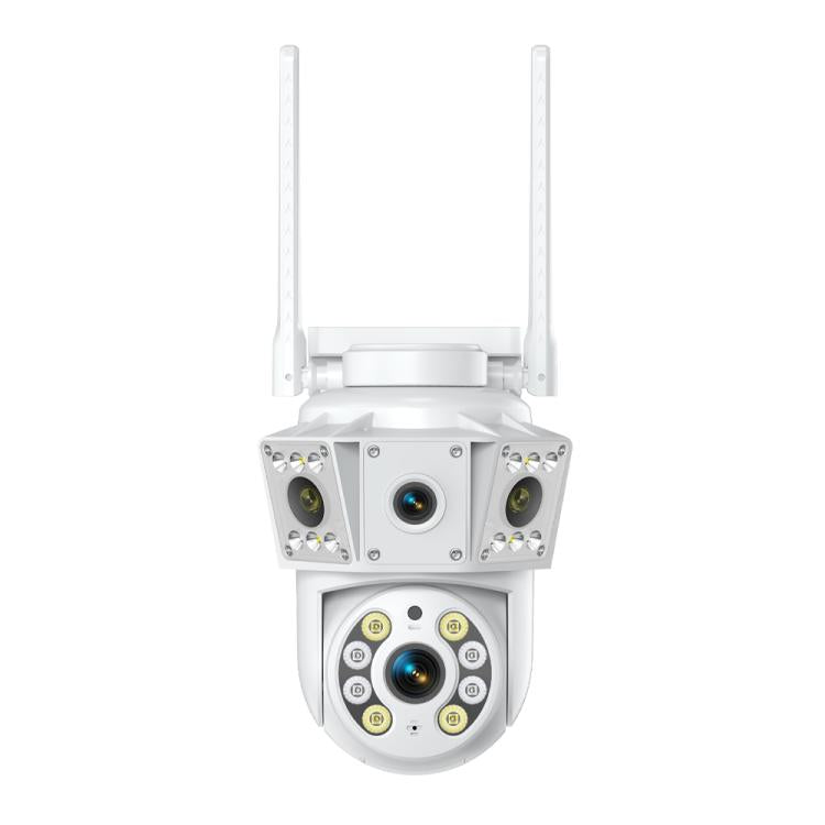 White dual-lens surveillance camera with two antennas, front view.