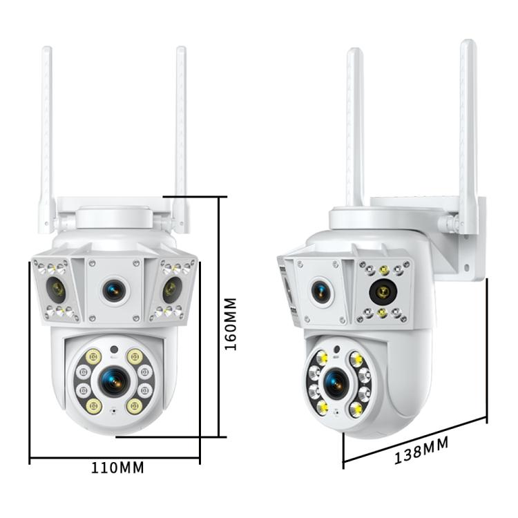 White dual-lens PTZ camera with size markers 110mm, 160mm, 138mm.
