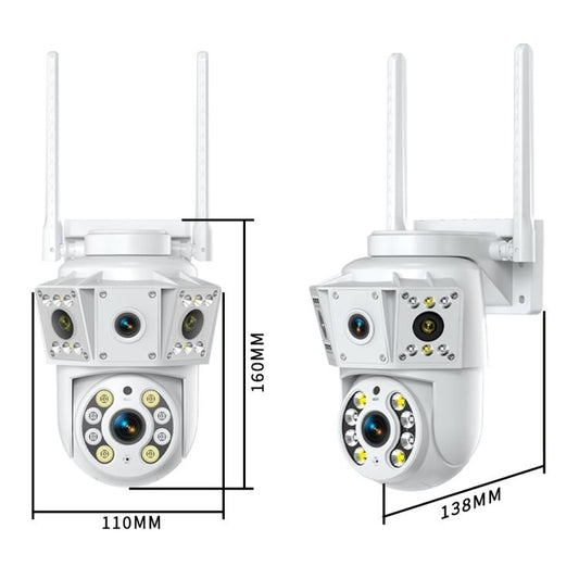 White dual-lens PTZ camera with size markers 110mm, 160mm, 138mm.