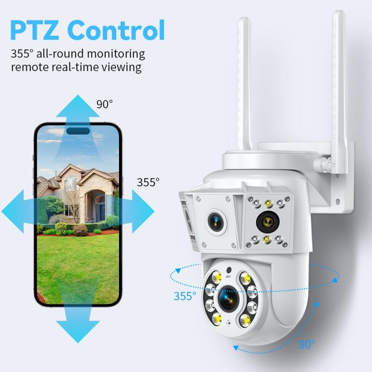 White PTZ security camera with two antennas and rotating 355° view angles.