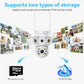 White security camera with two antennas, supports microSD and cloud storage.