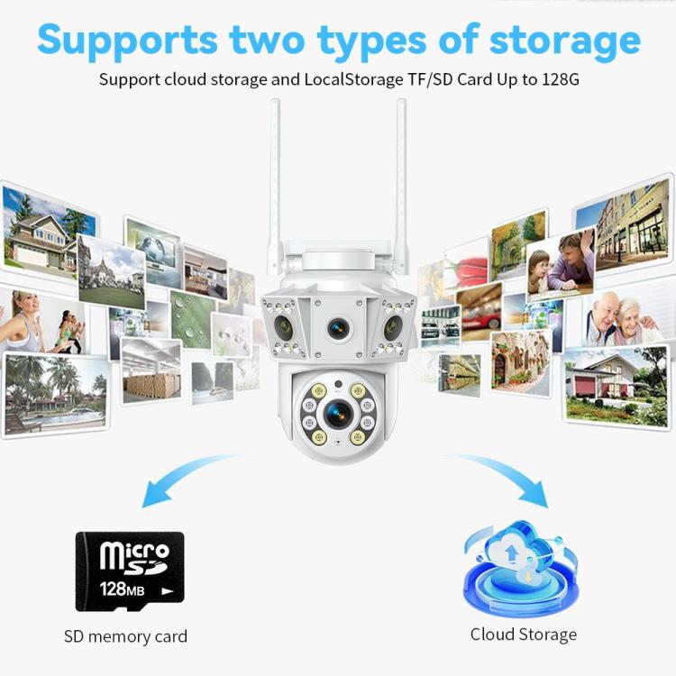 White security camera with two antennas, supports microSD and cloud storage.