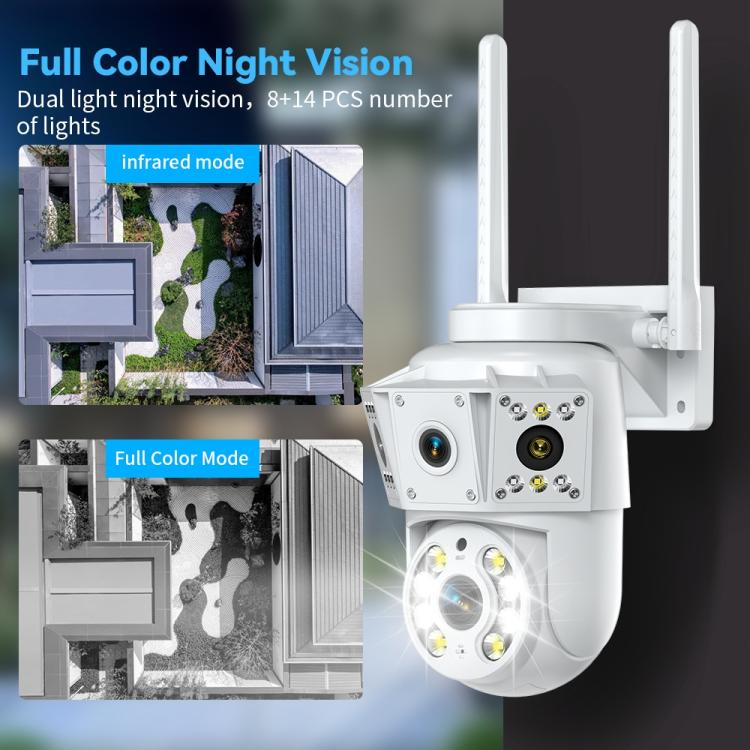 White PTZ security camera with two antennas, dual night-vision lighting effects.