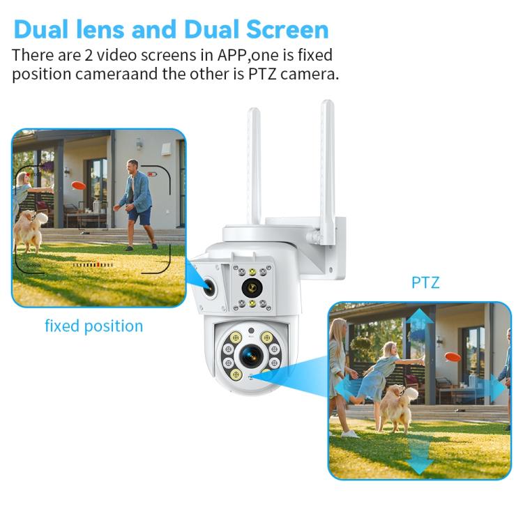 Dual-screen setup: fixed-position camera and PTZ camera with two antennas.