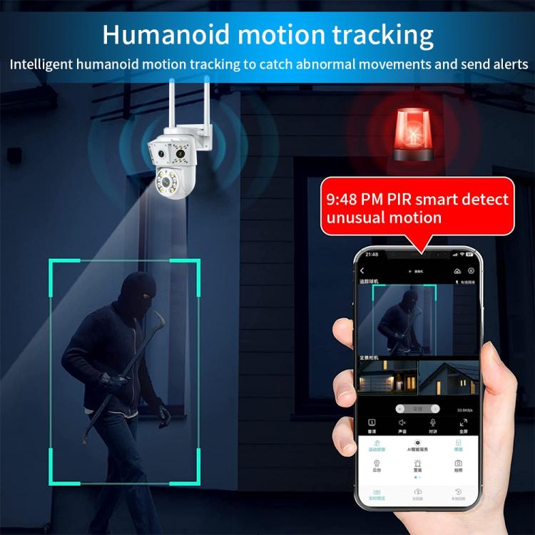 White security camera with two antennas, humanoid motion tracking alert on phone.