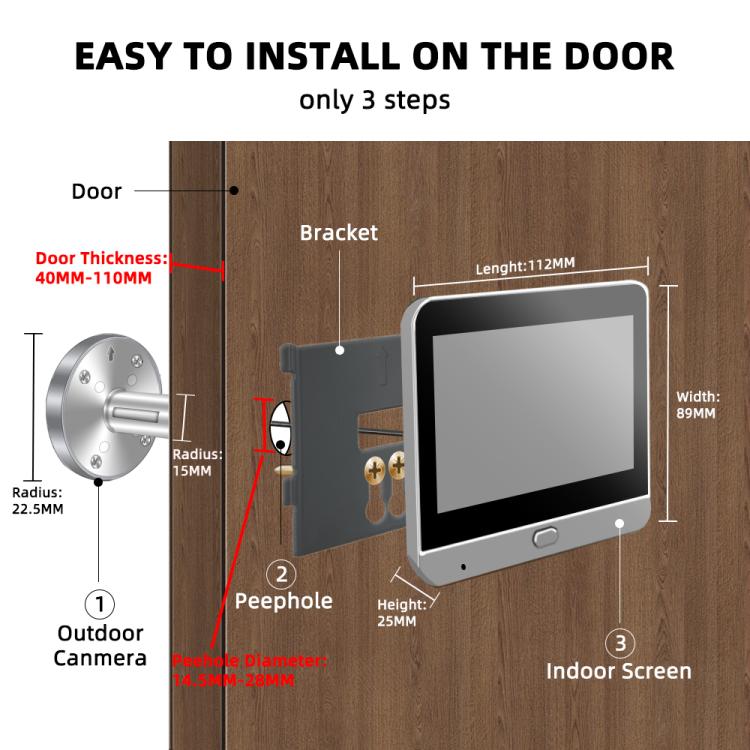 Video peephole doorbell with indoor screen and metal bracket, shown mounted on a door