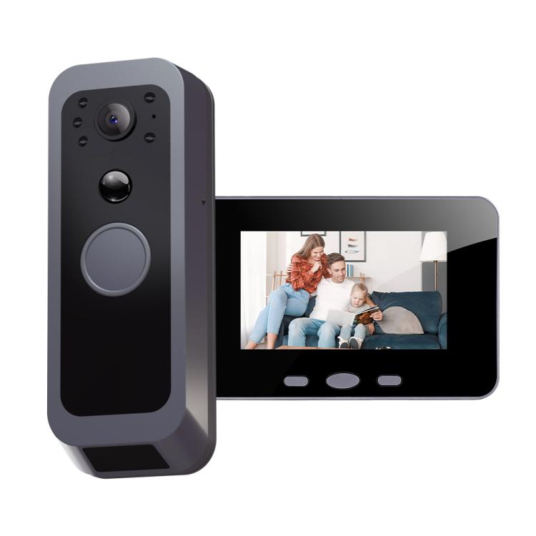 Wireless video doorbell intercom with gray exterior unit and screen monitor
