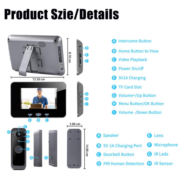 Two-way audio video doorbell details: gray outdoor camera and small 4-inch monitor