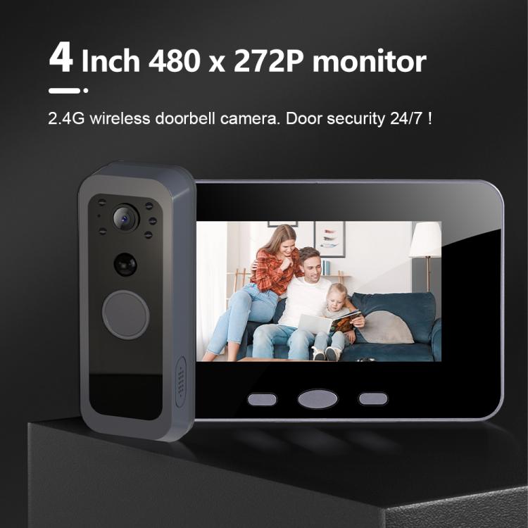 4-inch video doorbell monitor with gray exterior camera and built-in screen