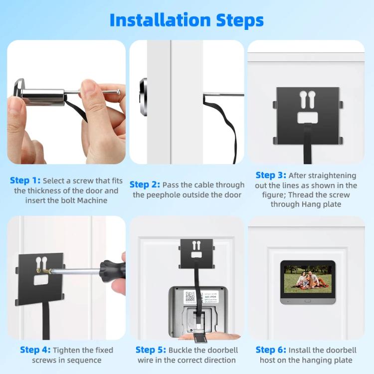 Smart WiFi video doorbell installation steps showing mounting and wiring process
