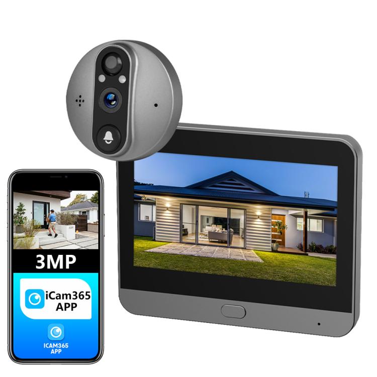 WiFi video doorbell with gray camera module and built-in indoor monitor screen