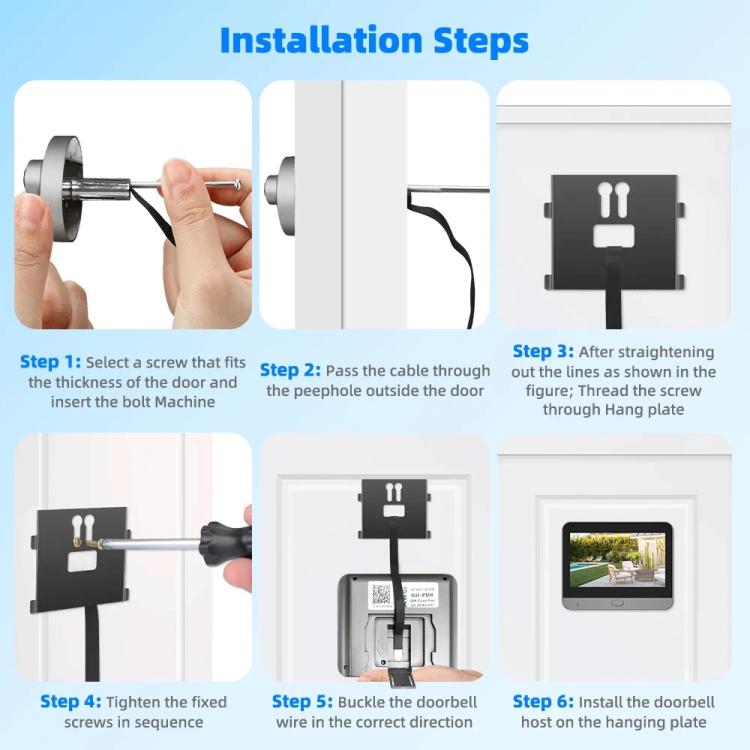Video doorbell installation steps diagram with mounting and cable routing panels