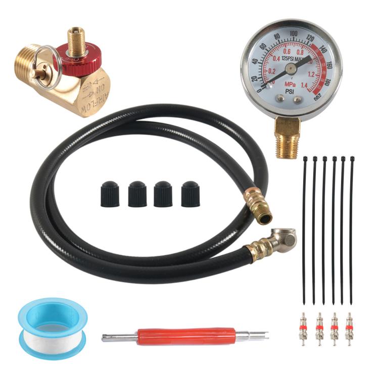 Air tank pressure gauge kit with black hose, brass connectors, and air needles