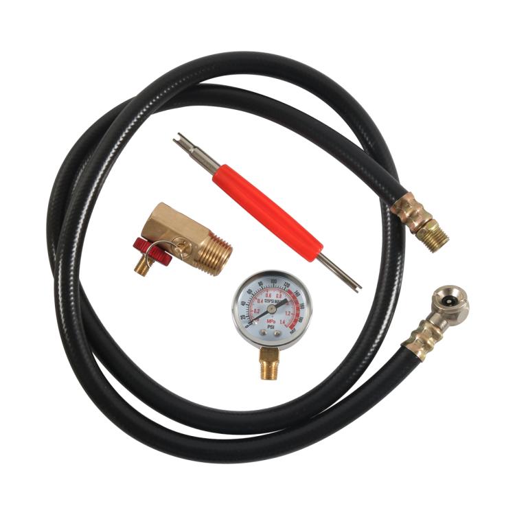 Air tank pressure gauge kit with black hose, pressure gauge, brass adapters, red tool