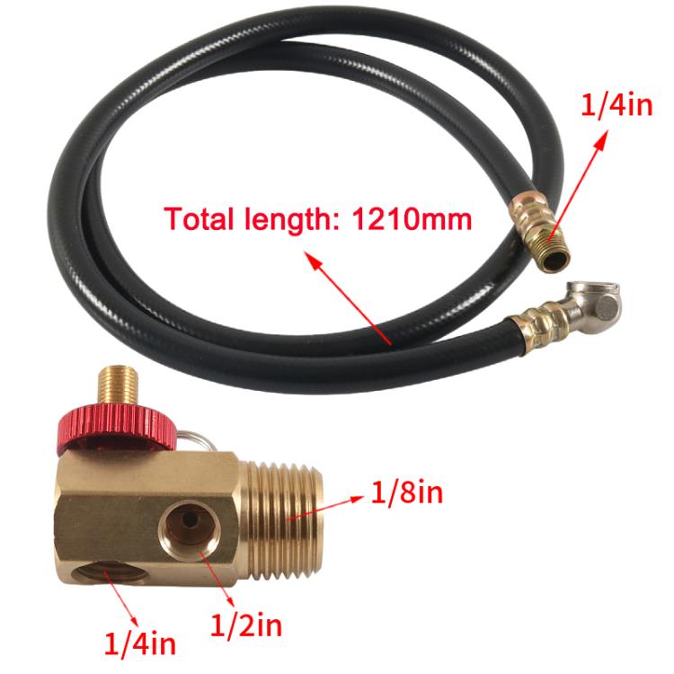 Black air hose with brass connectors and tank valve fitting for repairs