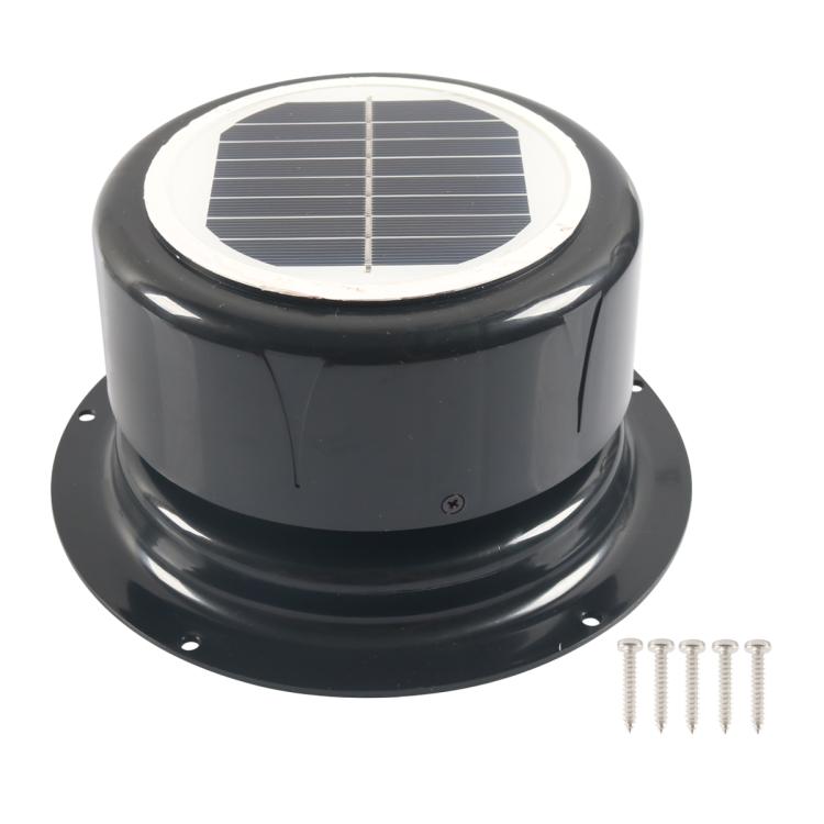 Black RV solar ceiling ventilation fan with solar panel on top and mounting flange