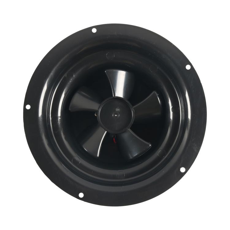 Black ceiling vent fan underside with central hub and three-blade fan