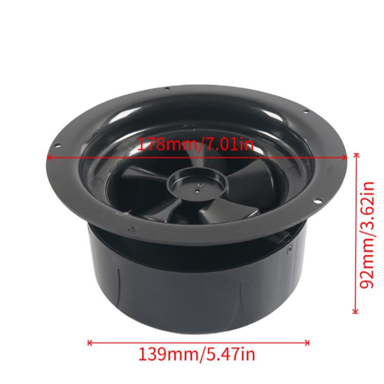 Black round ceiling ventilation fan with bolt-hole mounting ring and fan opening