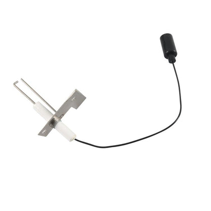 Water heater igniter electrode with metal bracket, white insulator, black cable