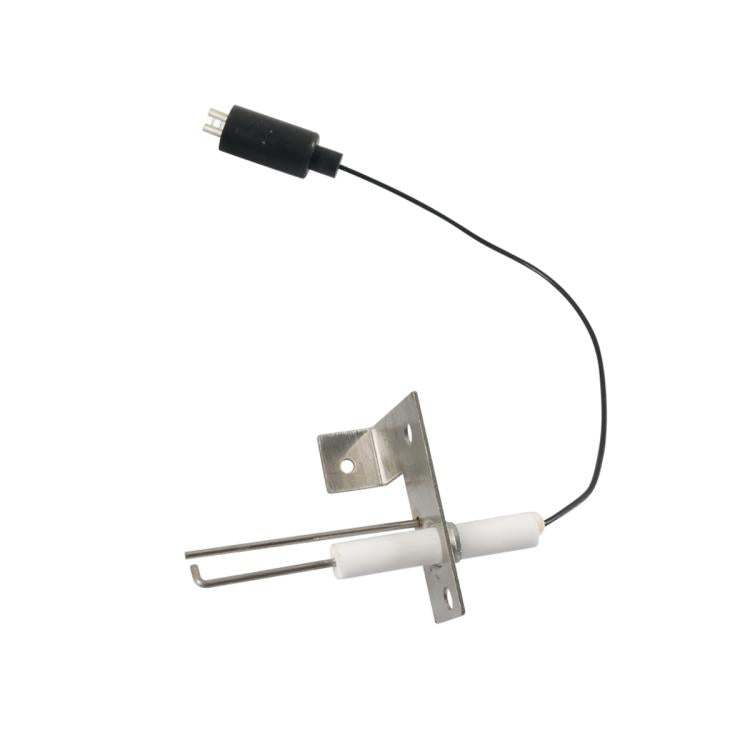 Water heater igniter electrode assembly with white insulator, metal mounting plates, black wire
