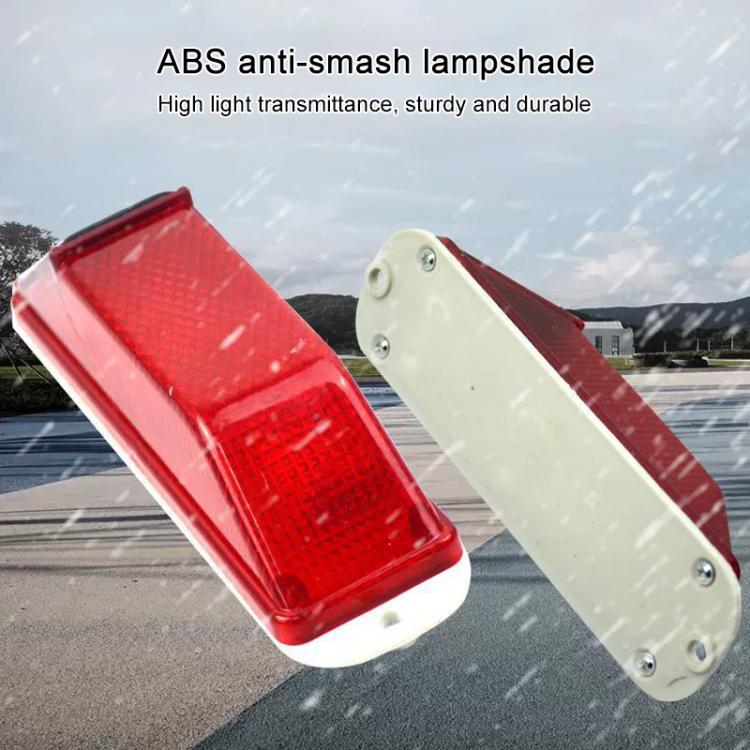 Solar LED warning lights with red and white lenses, rectangular housing and solar panel