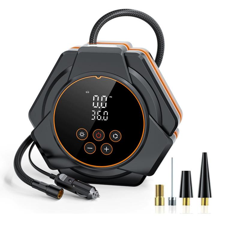 Electric car triangular air pump inflator with digital display and control buttons