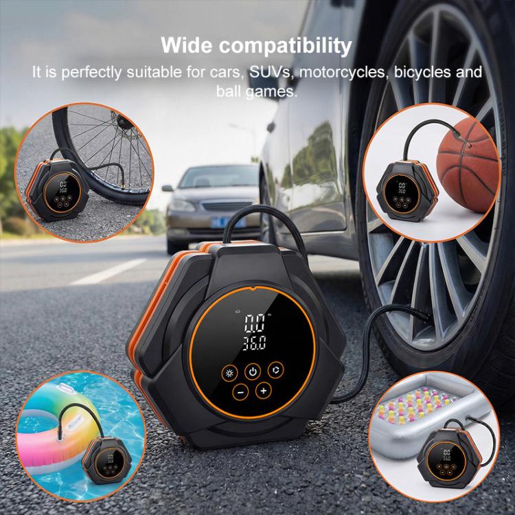 Triangular electric air pump with digital screen and orange trim, compact handheld inflator