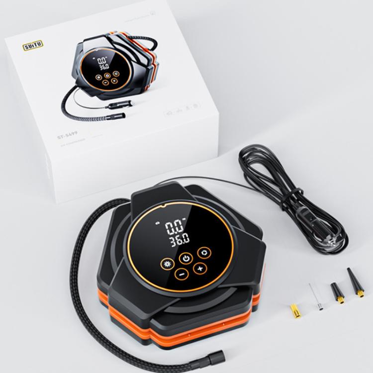 Triangular electric tire inflator kit with digital display, power cable, and nozzle set