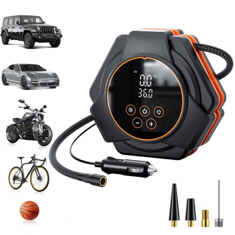 Electric car triangular air pump inflator with power cord and multiple nozzle tips