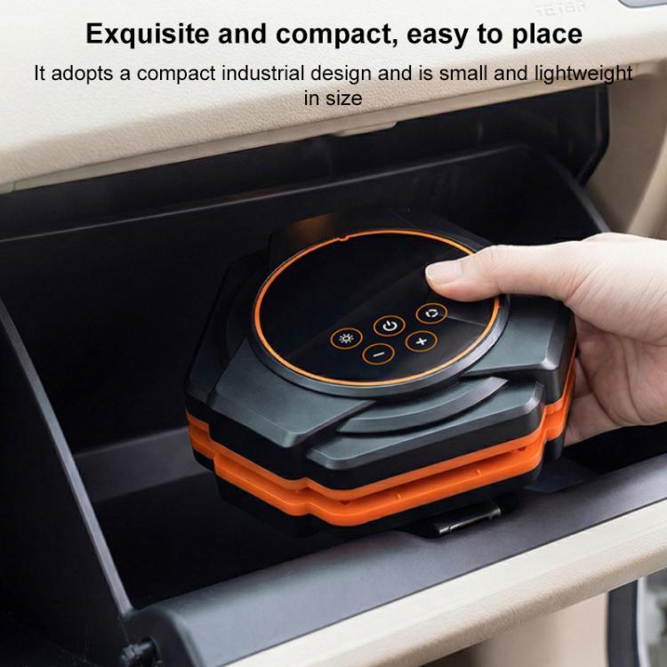 Electric car triangular air pump inflator placed in a car compartment with hand controls