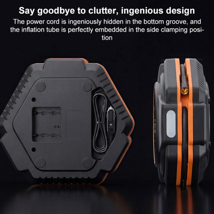 Electric car triangular air pump inflator back view with power cord tucked in groove