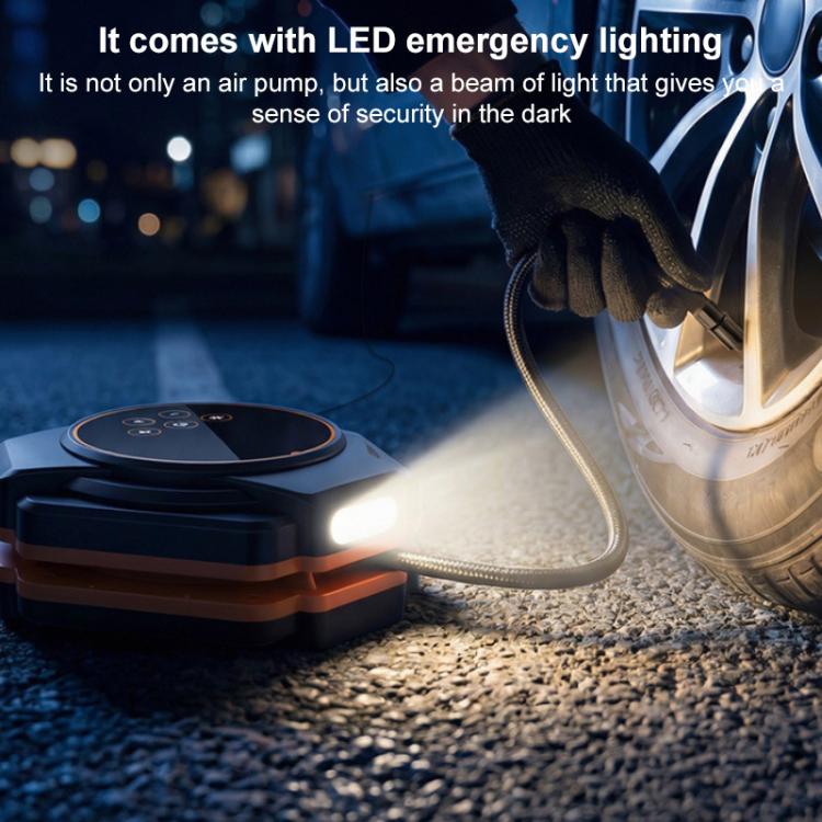 Electric car triangular air pump inflator with LED emergency light near a tire