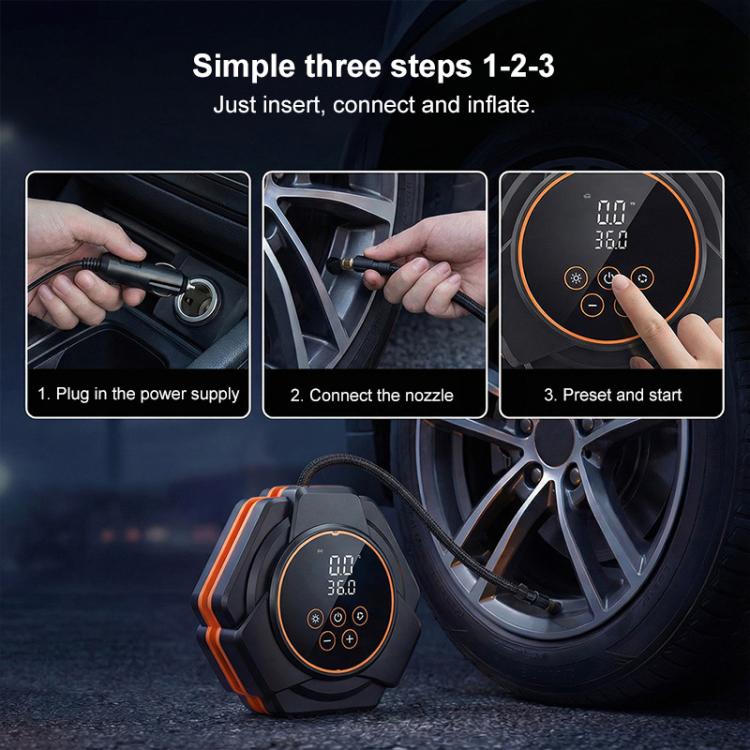 Electric car triangular air pump inflator operation with nozzle connected to a wheel