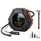 Triangular electric tire inflator with digital display, hose, and included nozzles