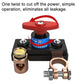 Car battery disconnect switch with red twist handle and copper battery cable clamps