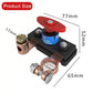Car battery disconnect switch with red lever and copper lug terminals, angled view