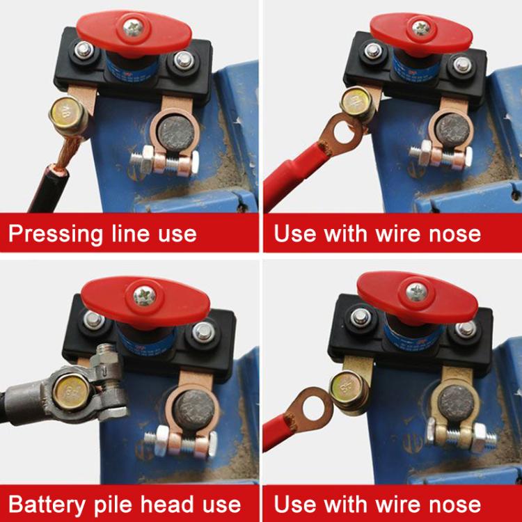 Car battery disconnect switch with copper lug and wire terminal connections, multiple views