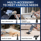 Handheld vacuum cleaner kit showing dust bin, suction nozzle, air nozzles, and floor brush