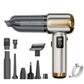Handheld car vacuum cleaner with transparent dust bin, gold accents, and accessory attachments