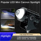 LED mini cannon spotlight with black housing, round lens, and light beams shown in insets