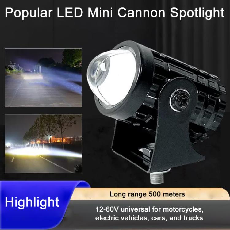 LED mini cannon spotlight with black housing, round lens, and light beams shown in insets