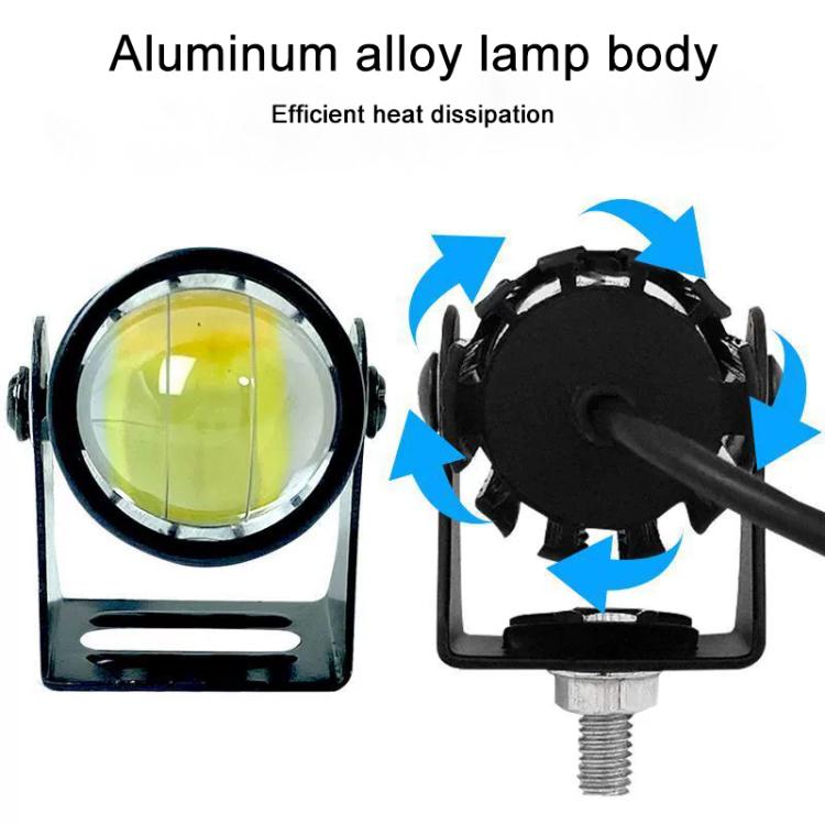 LED mini spotlight with aluminum lamp body, round lens, and cooling airflow arrows