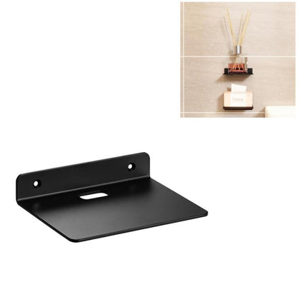 Wall-mounted acrylic display shelf rack, black, with two mounting holes and ledge