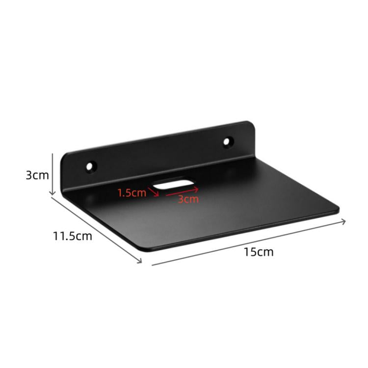 Wall-mounted acrylic shelf rack, black, showing 11.5cm x 15cm x 3cm dimensions