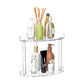 Clear acrylic two-level corner rack with open shelves for bottles and jars